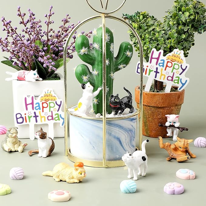 26 Pcs Cat Cake Topper Cute Figurines Happy Birthday Paw Cake Toppers Party Decoration Mini Set for Birthday Party Garden Home Shower Supplies(Cute Cat)
