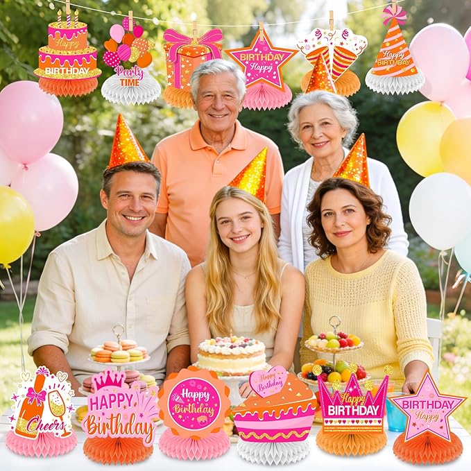 12Pcs Orange Pink Birthday Decorations Honeycomb Centerpieces for Women Girls, Orange Pink Happy Birthday Table Centerpieces for Kids Adults Birthday Gift Table Topper Sign Decor Party Supplies