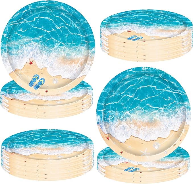 umoni Ocean Waves Plates Summer Beach Birthday Supplies 48 Piece Pool Party Disposable Paper Plates Blue Beach Waves Table Decor for Hawaiian Seaside Holiday Birthday Party Decorations