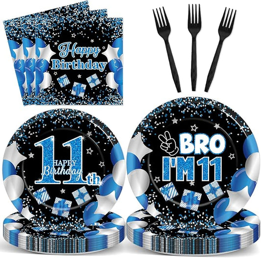 Qyeahkj 100 Pcs 11th Birthday Decorations for Boys Official Teen Supplies Plate Napkin Forks Set Disposable Blue 11th Birthday Tableware Paper Plates Dinnerware for Kids Teenager Favors Serve 25