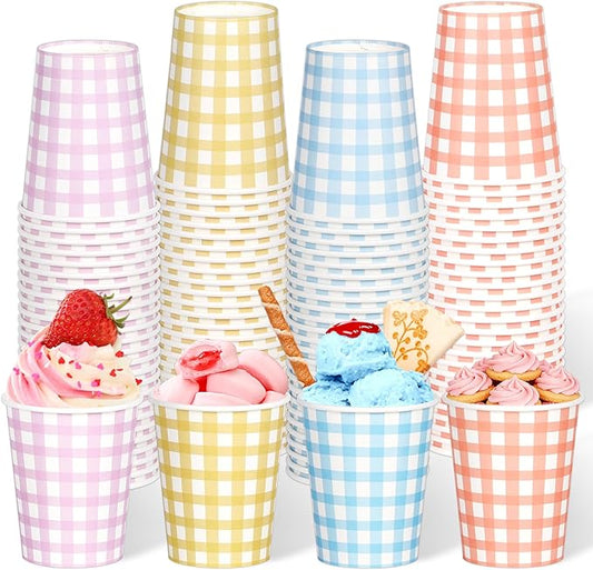 100 Pcs 8 oz Gingham Disposable Paper Cups Drinking Paper Cups Coffee Checkered Cups Pastel Cups for Party, Birthday, Easter, Picnic and Holiday, 4 Colors