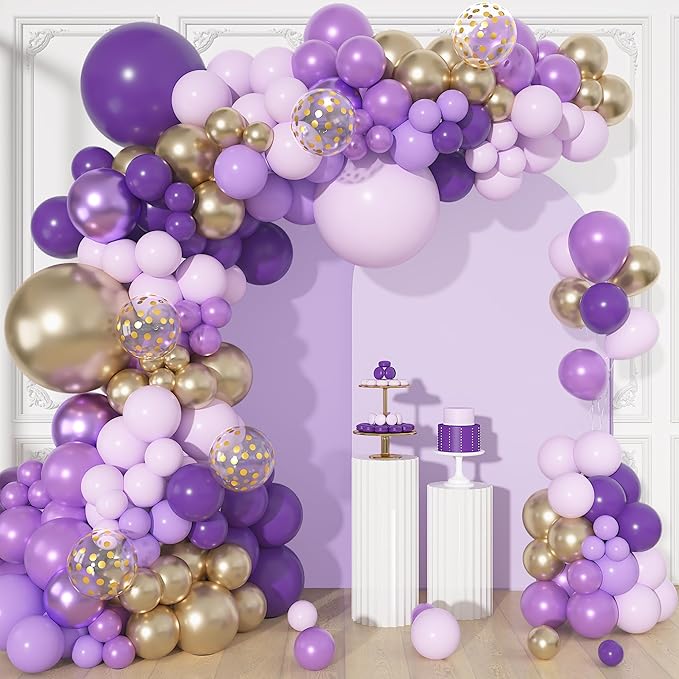 156Pcs Purple Balloon Garland Arch Kit, Butterfly Dark Purple Gold Lavender Metallic Light Pastel lilac Confetti Mother's Day Balloons, Girl Princess Butterfly Birthday Baby Shower Wedding Party