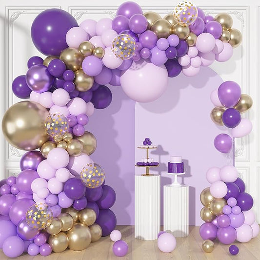 156Pcs Purple Balloon Garland Arch Kit, Butterfly Dark Purple Gold Lavender Metallic Light Pastel lilac Confetti Mother's Day Balloons, Girl Princess Butterfly Birthday Baby Shower Wedding Party