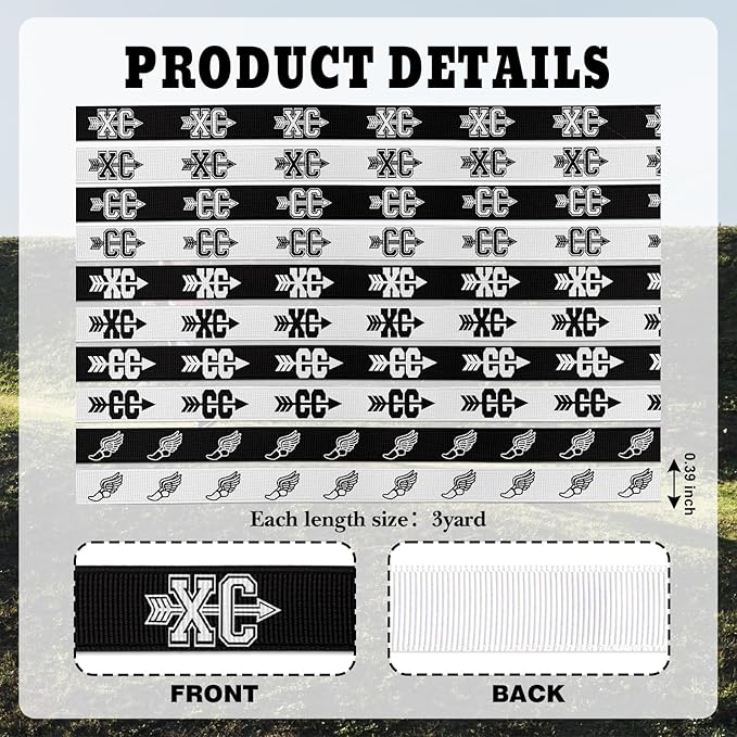 Cross Country Ribbon 10 Pack 30 Yards, 3/8" XC CC Track Field Running Ribbons, Black White Grosgrain for Hair Bow Crafting Gift Wrapping, Sports Medal Display Team Decorations