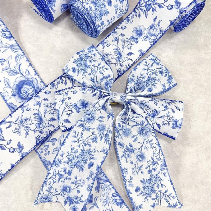 Blue Floral Wired Ribbon, Vintage Chinoiserie Fabric Craft Ribbon for Gift Wrapping, Wedding Decor, DIY Crafts, 4 Rolls, 2.5 Inch x 20 Yards (Blue)