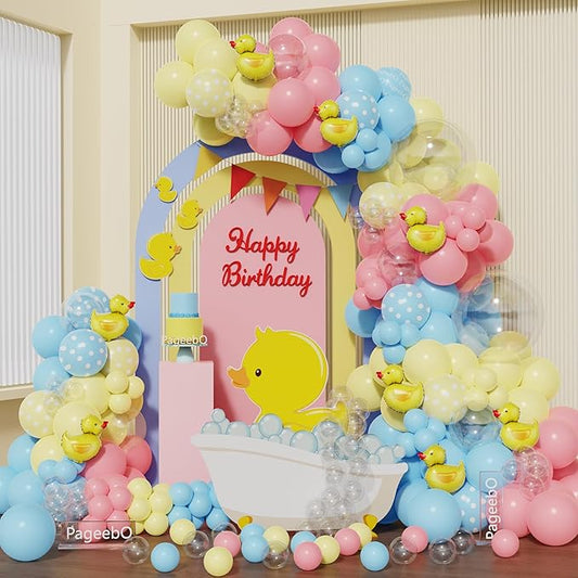 Lucky Yellow Duck Balloon Arch Garland Kit, 157 pcs Pink and Blue Polka Dot Latex Balloons with Rubber Duck Foil Balloons for Gender Reveal Birthday Wedding He or She Party Decorations