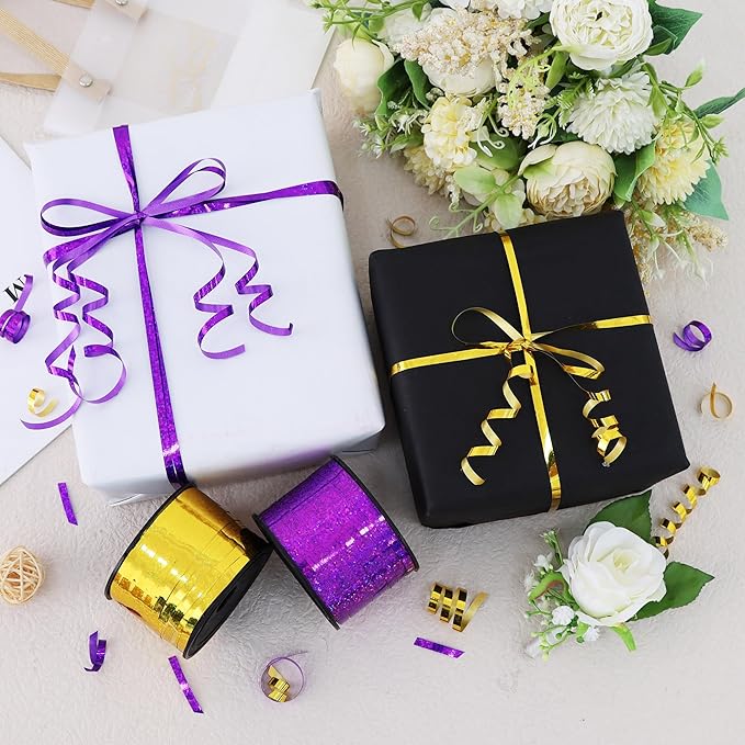 BEISHIDA 2 Pack 100 Yards Purple Gold Curling Crimped Glitter Ribbon Balloon String Shiny Metallic for Gift Wrapping Ribbon 2026 Graduation Wedding Birthday Party Decoration