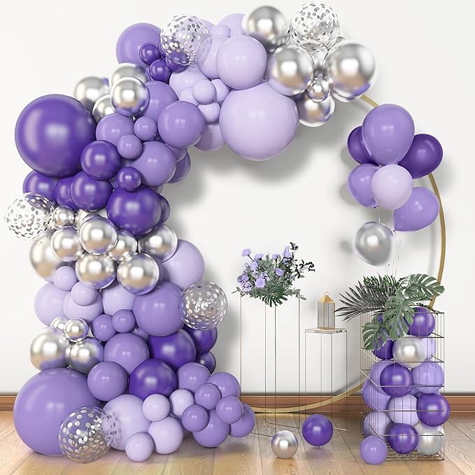 Amandir 153pcs Purple Balloon Garland Arch Kit, Different Sizes 18 12 10 5 inch Lavender Latex Metallic Confetti Silver Balloons for Girls Women Wedding Birthday Baby Shower Party Decorations Supplies