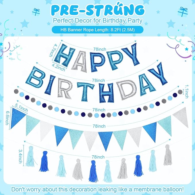 Mindsoft 5 Pcs Pre-Strung Blue and Silver Happy Birthday Banner Set, Felt Glitter Happy Birthday Garland with Ball Garland, Pennant Flags and Tassels, Birthdays Party Decorations for Kids and Adults