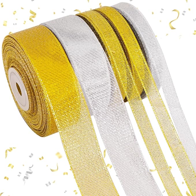 TONIFUL 5 Rolls Christmas Glitter Ribbon Set - Gold & Silver 3/8" & 1" x 125 Yards Ribbon for Gift Wrapping Crafts Christmas Wreath Tree Decor Bows Flower Bouquet Christmas Party Decor (25Yd、Roll