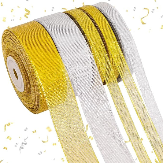 TONIFUL 5 Rolls Christmas Glitter Ribbon Set - Gold & Silver 3/8" & 1" x 125 Yards Ribbon for Gift Wrapping Crafts Christmas Wreath Tree Decor Bows Flower Bouquet Christmas Party Decor (25Yd、Roll