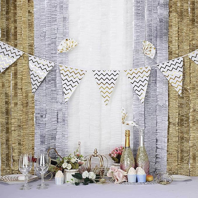 FOONEA Crepe Paper Streamers - 4 Rolls 328ft Silver Crepe Paper for Party, Wedding, Birthday & Baby Shower Decorations
