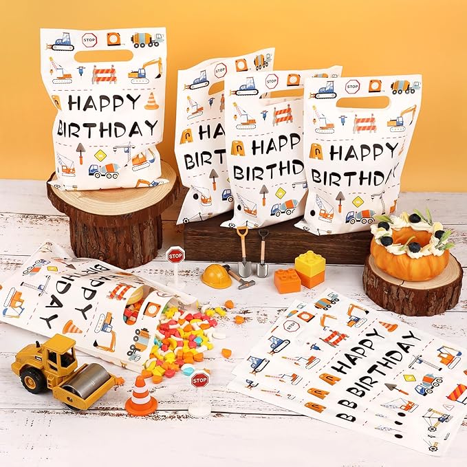 Hxezoc 50 Pieces Construction Gift Bags with Handle, Plastic Treat Candy Bag Construction Vehicle Favor Bag for Boys Kids Birthday Party Decoration Supplies