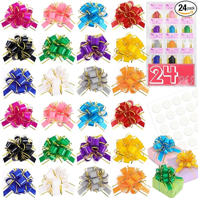 TUXIYA 24PCS 6 Inch Large Pull Bows,12 Colors Bow for Gift Wrapping,Reusable Birthday Ribbon Bow for Wrapping Boxes & Decorative Accents
