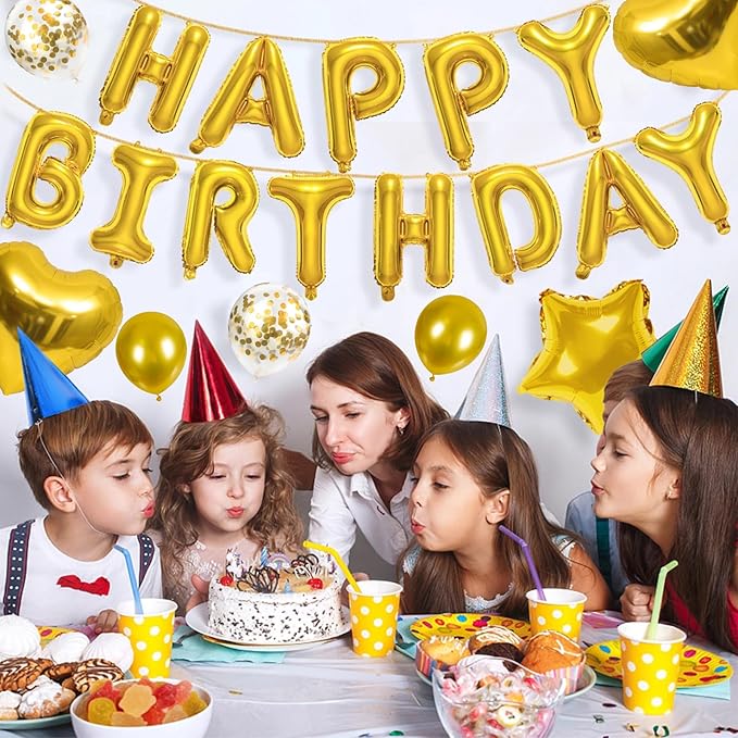 CANREVEL Happy Birthday Balloons Banner 16 Inch Mylar Foil Letters with Star & Heart Balloons Birthday Party Decorations for Men and Women - 30 Pcs Gold