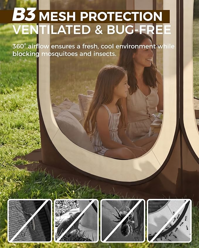 12x12 FT Pop-Up Screen Tent, Portable Screen Room Canopy with Zipper Doors for Patio, Backyard, Deck & Outdoor Activities, Brown