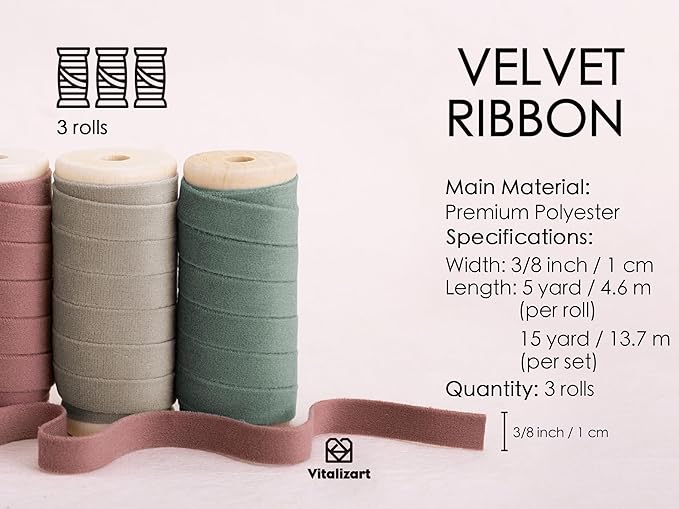 Vitalizart Velvet Ribbon Red Green Set 3/8" x 15 Yd Wooden Spool Fabric Trim 3 Rolls * 5 Yd for Christmas Wreath Decoration Handmade Craft Ornaments Gift Wrapping & Bow Making