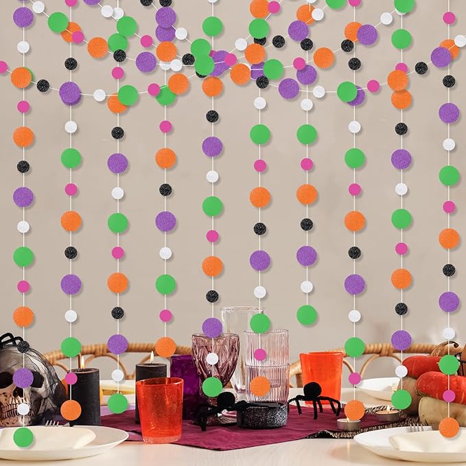 Outus 5 Pieces Orange,Black,Purple,Green,White Round Dots Garland Graduation Party Hanging Decor Each Length 13.1ft Glitter Paper Dot Streamers for Birthday Wedding Classroom Supplies