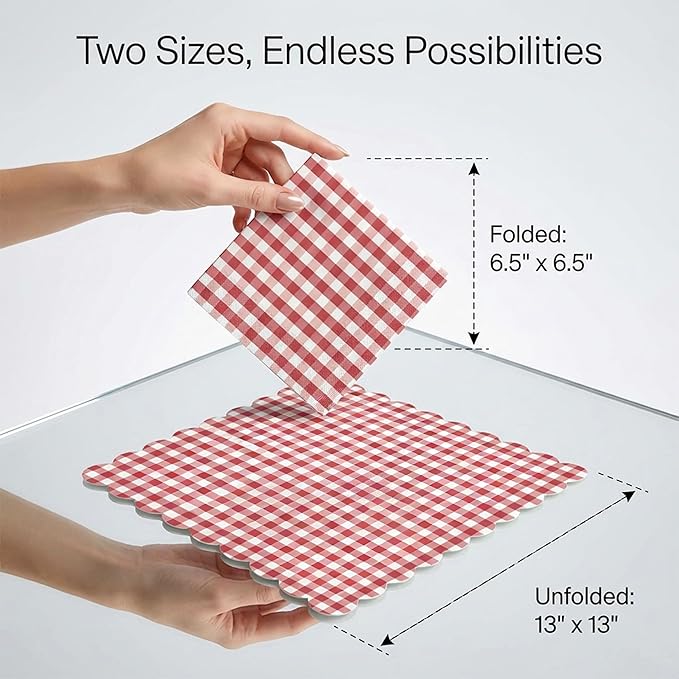 100 Pcs Red Gingham Cocktail Napkins Bulk, Paper Napkins Disposable for Party, Birthday & Wedding, 6.5" Pure Wood Pulp Dinner Napkins, Beverage Napkins