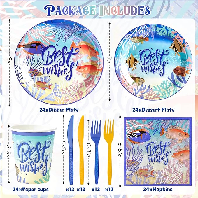 144Pcs Under the Sea Animal Birthday Party Supplies Decorations Paper Plates Napkins Vintage Party Tableware Disposable Tropical Ocean Dinnerware Set for Kids Birthday Baby Shower Table Decor Serve 24