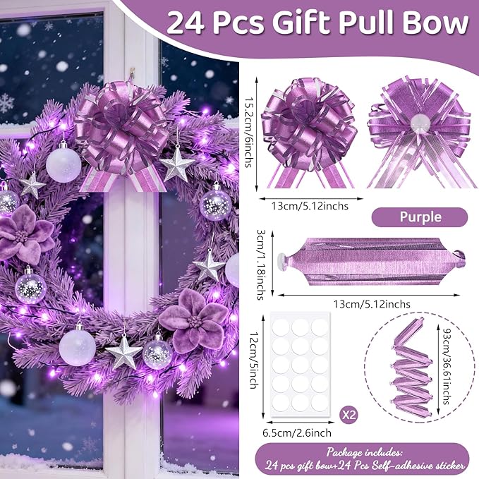 24pcs Purple Pull Bow for Gift Basket Wrapping Xmas Gift Bows Presents Adhesive Wrap Ribbon Bow for Christmas Tree Ornament Wine Bottles Bouquet Flower Valentine's Day Party Decor (Purple-G)