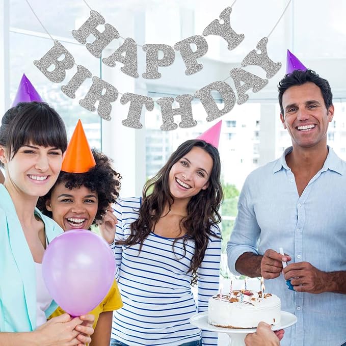 Silver Happy Birthday Banner Birthday Party Decorations Happy Birthday Banner Bunting Garland Sign for Kids Boys Girls Adults Birthday Baby Shower Celebration Party Backdrops Supplies