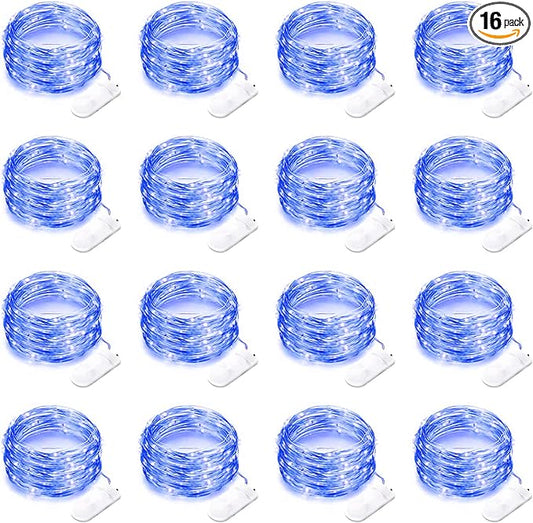 16 Pack Led Fairy Lights Battery Operated String Lights 10 Feet 30 LED Waterproof Twinkle Lights Mason Jar Lights Silver Wire Firefly Lights for Christmas Party Wedding Patio (Blue)