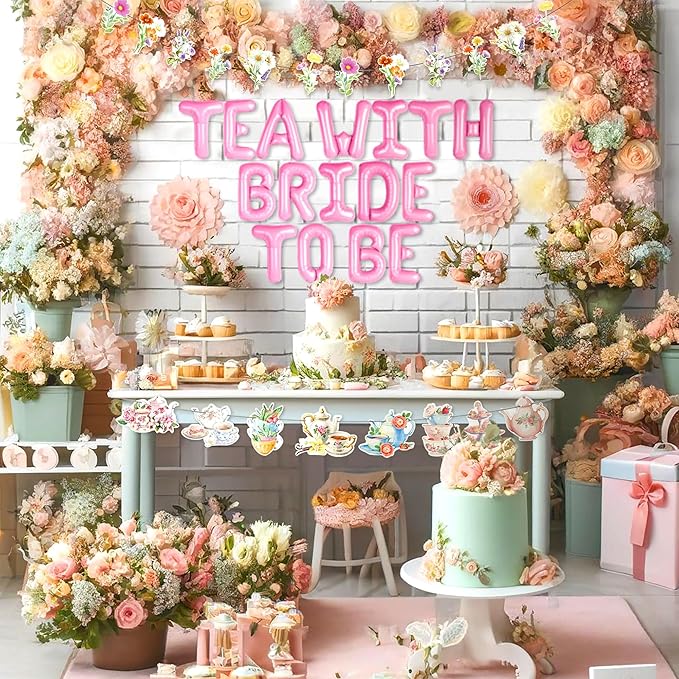 LaVenty Tea With Bride To Be Balloons Let's Par Tea Decorations Balloon Garland Arch Banner Floral Butterfly Teapot Banner for Bridal Shower Bachelorette Wedding Party