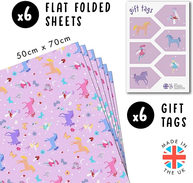 CENTRAL 23 - Fairies and Unicorn Wrapping Paper - 6 Sheets of Mystical Gift Wrap for Girls - Cute Butterfly and Flowers for Her - Pink Purple Birthday Giftwrap - Recyclable