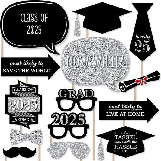 Big Dot of Happiness Graduation Props for Photoshoot 2026, 20-Count Set of High School Senior Photo Booth Props for Pictures and Graduation Party Decorations - Silver