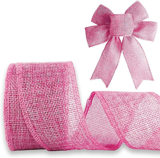 Pink Burlap Ribbon 1-1/2 inch X 10 Yard Natural Burlap Woven Wired Ribbons DIY Handmade Edging Production Wreath Holiday Decoration Gift Ribbon for Gift Wrapping Pink Ribbons
