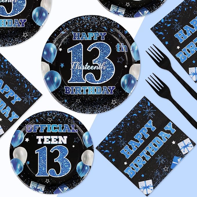 96 PCS 13th Birthday Decorations for Boys 350 GSM Official Teen 13th Birthday Plates and Napkins Disposable Blue and Black Tableware Set for Kids Teenager 13 year old Birthday Party Supplies Serves 24