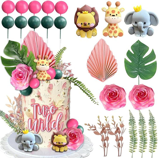 22pcs Safari Jungle Animal Cake Toppers Flower Balls Cake Decoration with Boho Palm Leave Forest Animal Toys and Artificial Flowers for Boys Girls Safari Theme Birthday Party Supplies