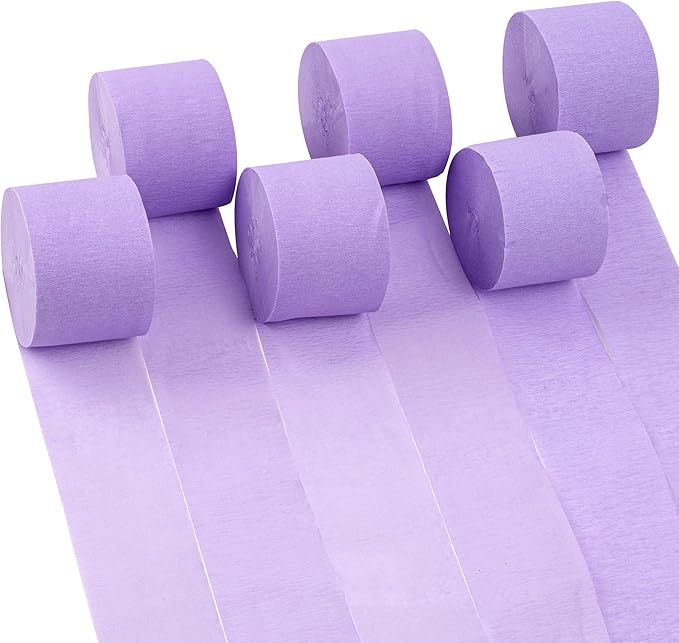 Crepe Paper Streamers 6 Rolls 492ft,Pack of Light Purple Streamers Party Decorations,Crepe Paper Roll for Birthday,Wedding,Bachelorette,Bridal Shower Decorations (1.8 Inch x 82 Ft/Roll)