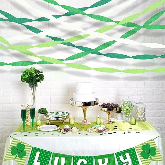 Green Streamers Party Decorations, 8 Rolls 656ft Green and White Crepe Paper Streamers for St. Patrick's Day Decorations Jungle Decorations Birthday Spring Forest Baby Shower Wedding Party Supplies