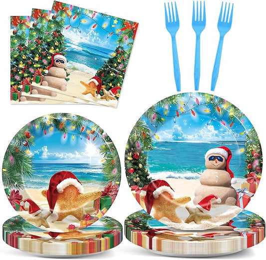 CHUNNIN 96 Pcs Summer July Christmas Plates and Napkins Xmas in July Party Decorations Disposable Dessert Plates Hawaiian Beach Tableware Set for 24 Guests Tropical Birthday Party Supplies