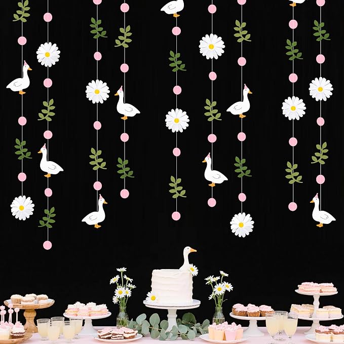 Pink Silly Goose 3D Daisy Flower Leaf Polka Dot Hanging Streamer Garland Banner for One Silly Goose Theme Birthday Baby Shower Wedding Bridal Shower Spring Summer Party Decorations Supplies