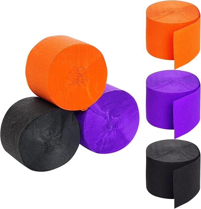 jiebor Halloween Streamers Crepe Paper Black Orange Purple Streamers 492 Ft 6 Rolls for Halloween Party Wedding Birthday Home Office Door Wall Decorations Flower Making