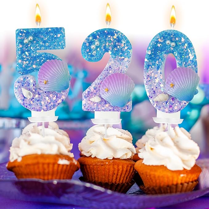 Blue and Purple Birthday Candles, 8th Birthday Cake Decoration, Cupcake Candles，Suitable for Mermaid Theme Party Cake Decoration (8)