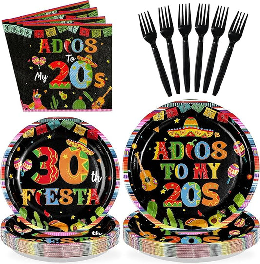 96Pcs Adios to My 20S Party Supplies Mexican 30th Birthday Plates and Napkins Disposable Taco Bout 30 Fiesta Cactus Tableware Set for Cinco De Mayo Adults 30th Birthday Party Decorations Serves 24