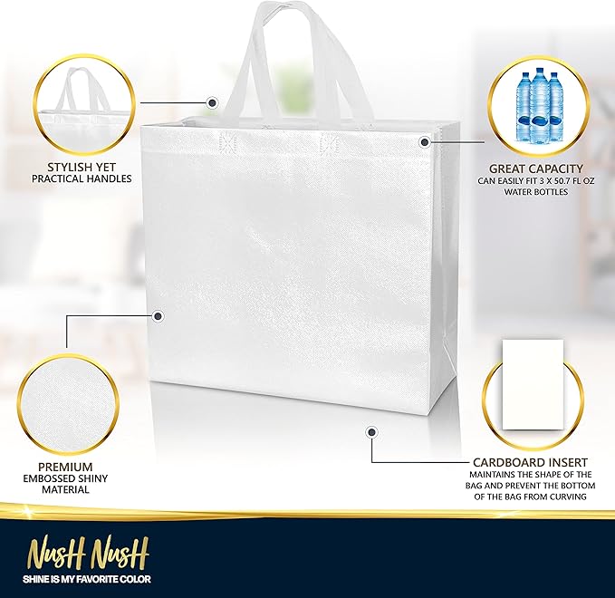 Nush Nush Large White Gift Bags Bulk - Set of 60 Reusable White Gift Bags Large Size With Handles - For Small Business Use, Wedding Gifts, Birthday Party Favor, Christmas, Holidays - 13x5x11 Size