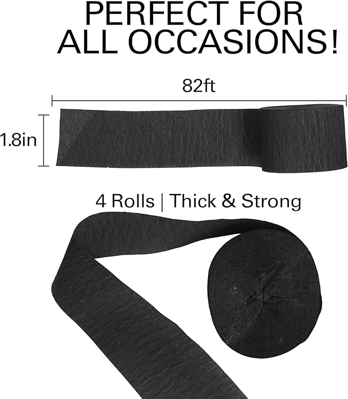 Black Streamers 4 Rolls, 328 Ft Black Crepe Paper, Streamer Party Decorations for Birthday, Wedding, Showers (1.8 in x 82 ft/Roll)