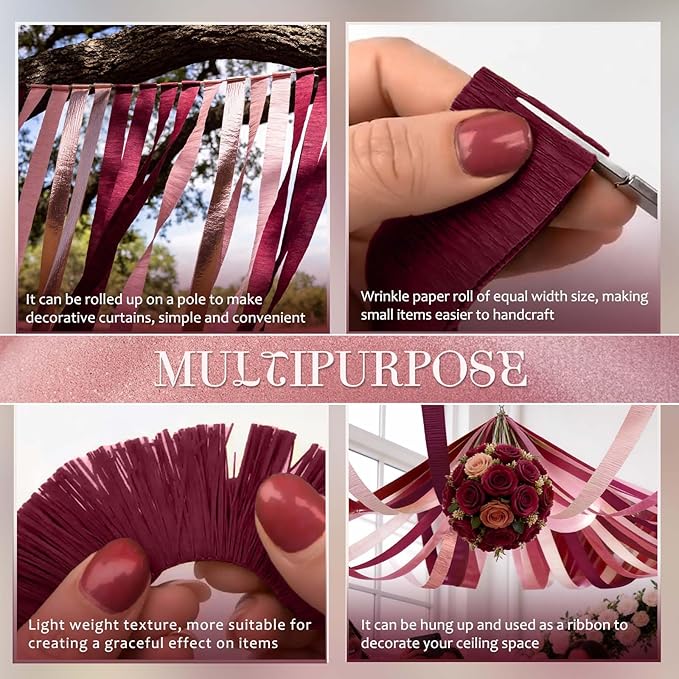 NICROLANDEE 8 Rolls Burgundy Rose Gold Crepe Paper Streamer Rolls for Birthday Wedding Engagement Bridal Shower Bachelorette Anniversary Valentine's Day Decorations