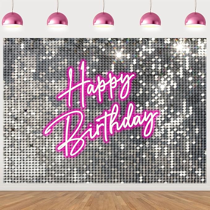 Withu Silver Sequins Pink Neon Happy Birthday Backdrop for Photography Shining Flash Stars Shimmer Wall Decoration Banner Princess Girls Women Bday Party Background 7x5ft