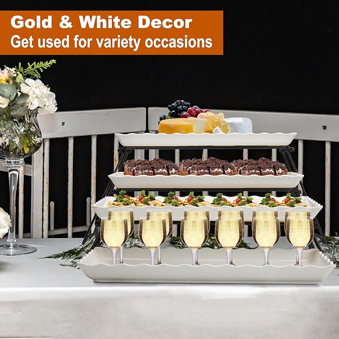 KAQAHIDO Extra Large 4 Tier Serving Tray Set, 34x22x10 inch Wave Edge Melamine Dessert Table Display Set, Tiered Trays Stand for Party Buffet Entertaining, Black and White