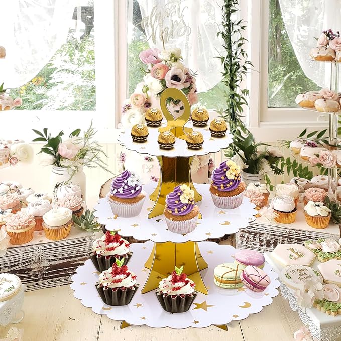 Soleebee 3-Tier Cupcake Stand, Cardboard Cupcake Tower, Dessert Cup Cake Stand Tower for Birthday Wedding Party Decoration, Cupcake Tier Stand 2 Set (Gold Moon and Star)