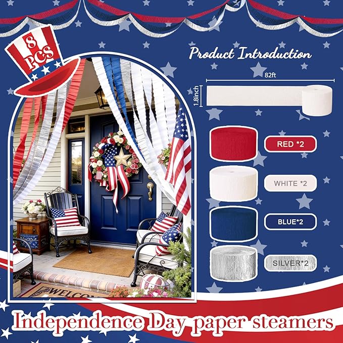 NICROLANDEE Patriotic Decorations - 8 Rolls Red White Blue Crepe Paper Streamers for 4th of July Decorations Independence Day U.S. 250th Anniversary Memorial Day American Theme Party Decorations