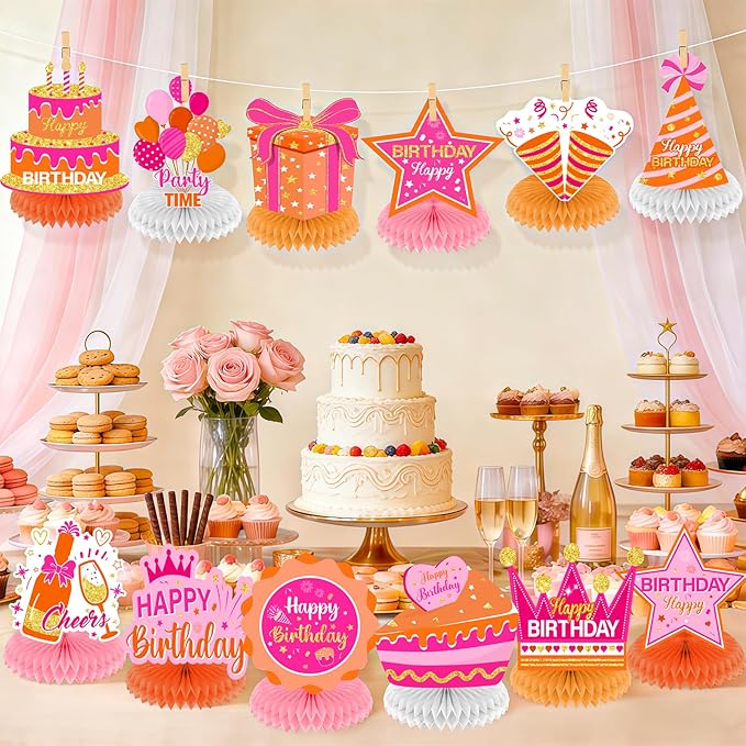 12Pcs Orange Pink Birthday Decorations Honeycomb Centerpieces for Women Girls, Orange Pink Happy Birthday Table Centerpieces for Kids Adults Birthday Gift Table Topper Sign Decor Party Supplies