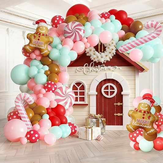 Christmas Gingerbread Balloons Arch Kit, Pastel Pink Green Brown Red Balloons & Pink Candy Cane & Gingerbread Foil Balloon for Xmas New Year Party Christmas Party Decorations