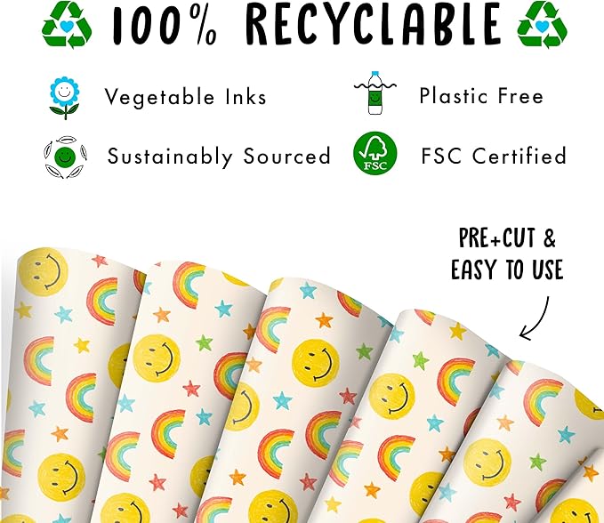 CENTRAL 23 Rainbow Wrapping Paper - 6 Sheets Colorful Gift Wrap For Kids Boys Girls Friends - Birthday Christmas Party - Fun Happy Face Smiley Stars Pastel - Comes With Tags